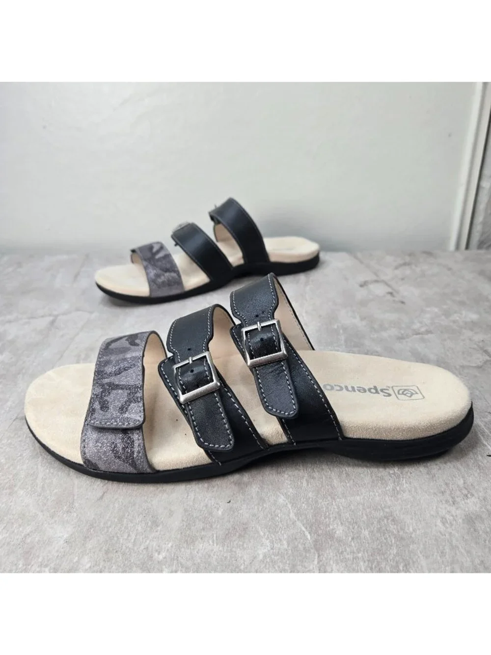 Spenco Orthopedic Slides Sz 10 Black Leather Slip On Comfort Summer Flat Sandals